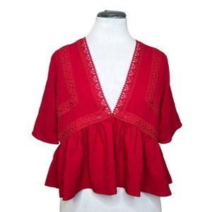 Sexy Boho Hippie Plunge Neck Crop Top Open Back Lace Deep V Red Medium
